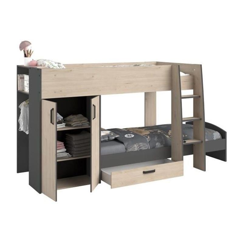 Lits superposés enfant avec rangements - Parisot - Décor Chêne Jackson et Gris Ombre