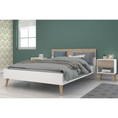 Ensemble Lit 140 x 190 cm + 2 chevets - Style Scandinave - Blanc / Chene