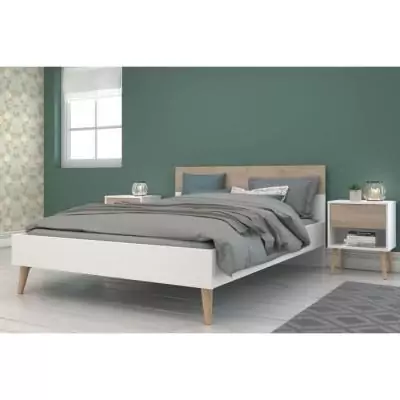 Ensemble Lit 140 x 190 cm + 2 chevets - Style Scandinave - Blanc / Chene
