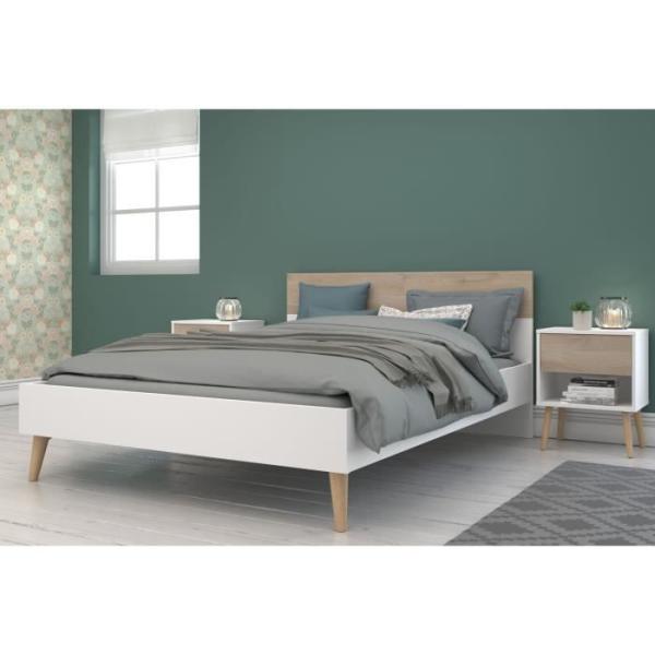 Ensemble Lit 140 x 190 cm + 2 chevets - AALBORG - Scandinave - Blanc / Chene - PARISOT