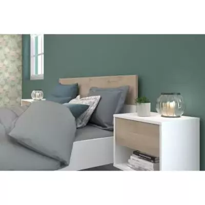 Ensemble Lit 140 x 190 cm + 2 chevets - Style Scandinave - Blanc / Chene Ensemble Lit 140 x 190 cm + 2 chevets - Style Scandinave - Blanc / Chene