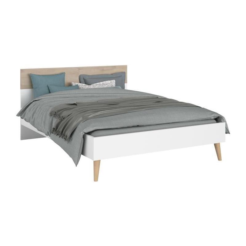 Ensemble Lit 140 x 190 cm + 2 chevets - Style Scandinave - Blanc / Chene