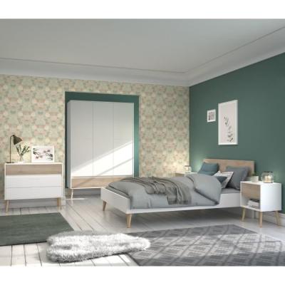 Ensemble Lit 160x200cm + 2 chevets AALBORG - Style Scandinave - Blanc/Chêne
