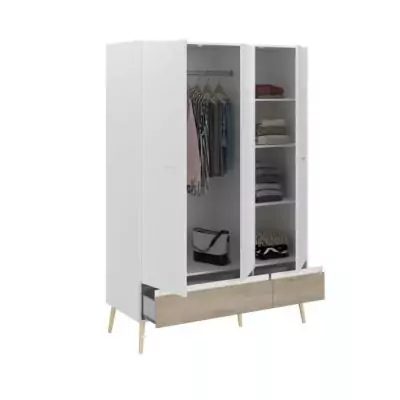 Chambre complète Scandinave Blanc / Chene - Lit 140 x 190 cm, 2 chevets, commode, armoire Chambre complète Scandinave Blanc / Chene - Lit 140 x 190 cm, 2 chevets, commode, armoire
