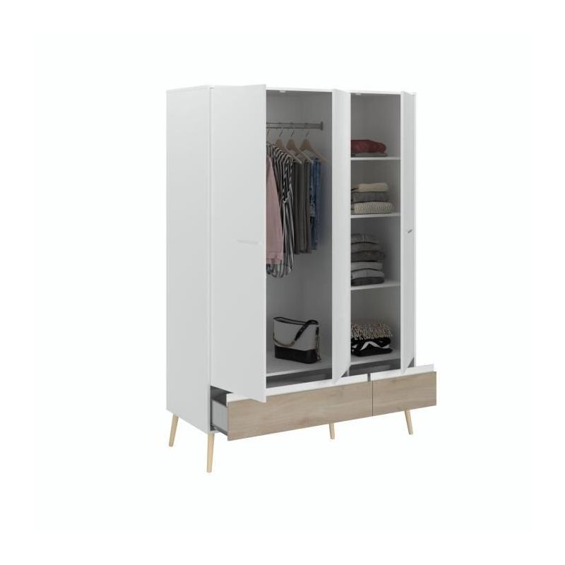 Chambre complète Scandinave Blanc / Chene - Lit 140 x 190 cm, 2 chevets, commode, armoire