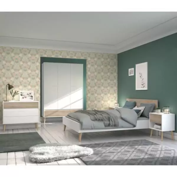 Chambre complete - AALBORG - Scandinave - Blanc / Chene - Lit 160 x 200 cm, 2 chevets, commode, armoire - PARISOT