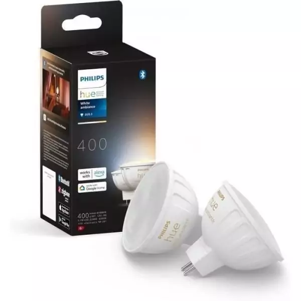 Ampoule connectée - PHILIPS HUE - MR16 - Lumiere blanche - Compatible bluetooth - Lot de 2 - Fonctionne avec App et voix