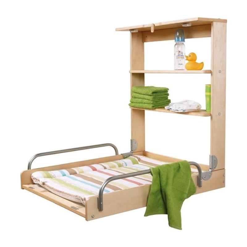 Table à langer murale rabattable - ROBA DSCHUNGELBABY - Matelas rayé multicolore - Bois Naturel