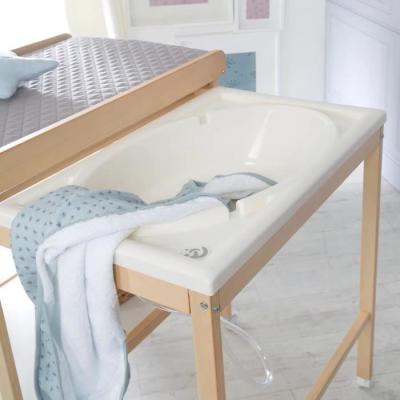 Table à langer et baignoire coulissante - ROBA - Gris tendance - Matelas déperlant - Bois Natu