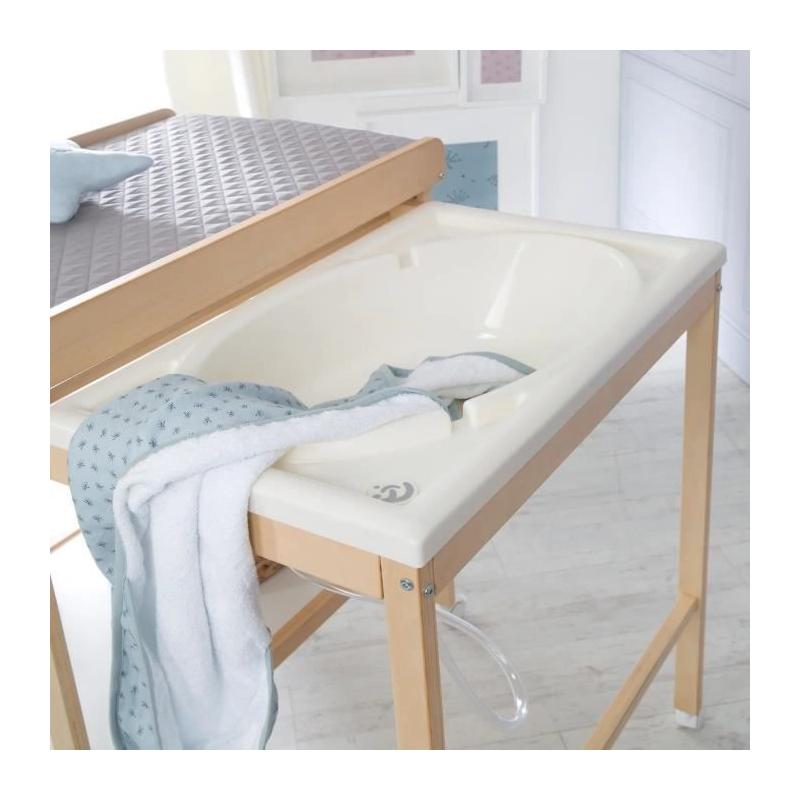 Table à langer et baignoire coulissante - ROBA - Gris tendance - Matelas déperlant - Bois Natu