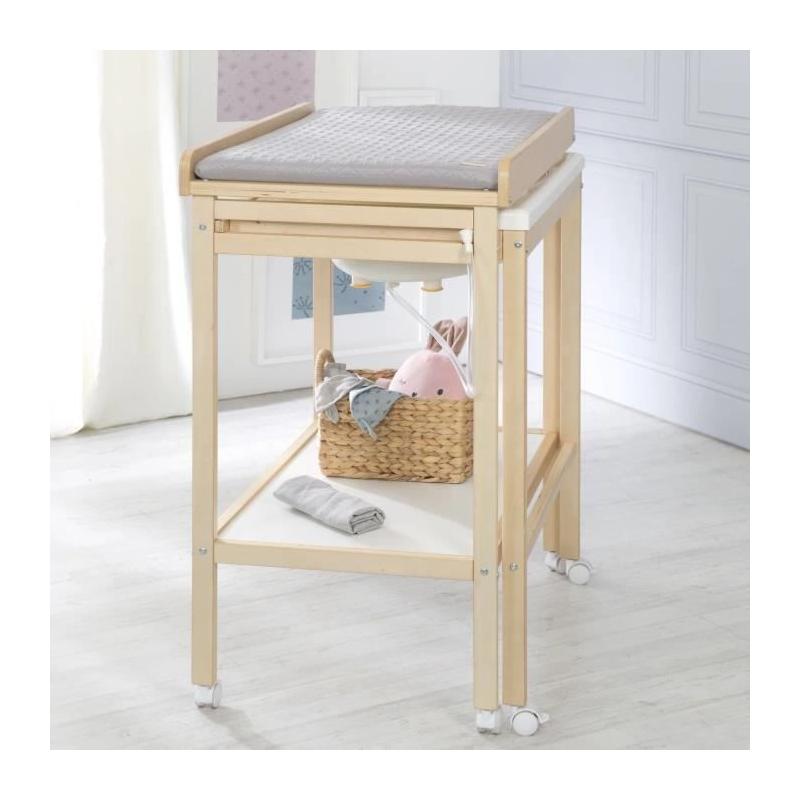 Table à langer et baignoire coulissante - ROBA - Gris tendance - Matelas déperlant - Bois Natu