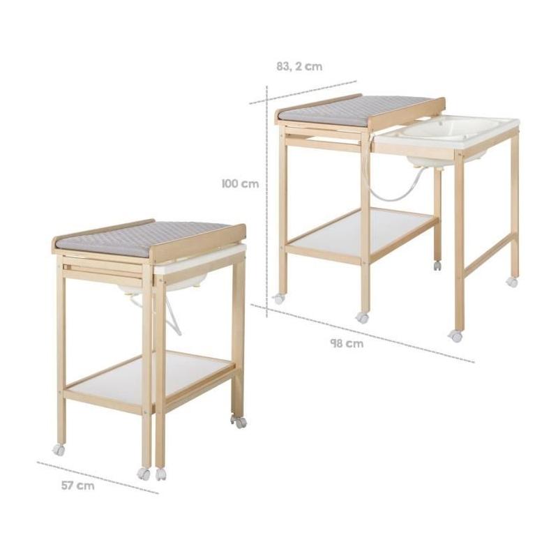 Table à langer et baignoire coulissante - ROBA - Gris tendance - Matelas déperlant - Bois Natu