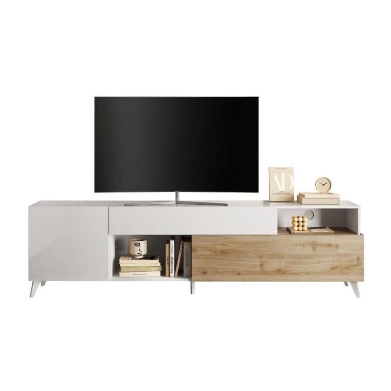 Meuble Tv MONTECARLO XXL - Design moderne - Blanc laqué / Chene Cadiz