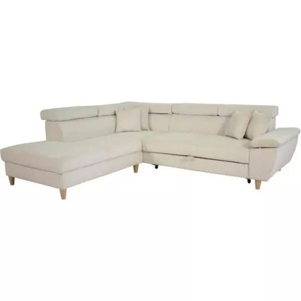 Canapé d'angle convertible - 4 places - WESTON - Velours côtelé beige - Tetieres réglables - 259 x 227 x 77/92 cm