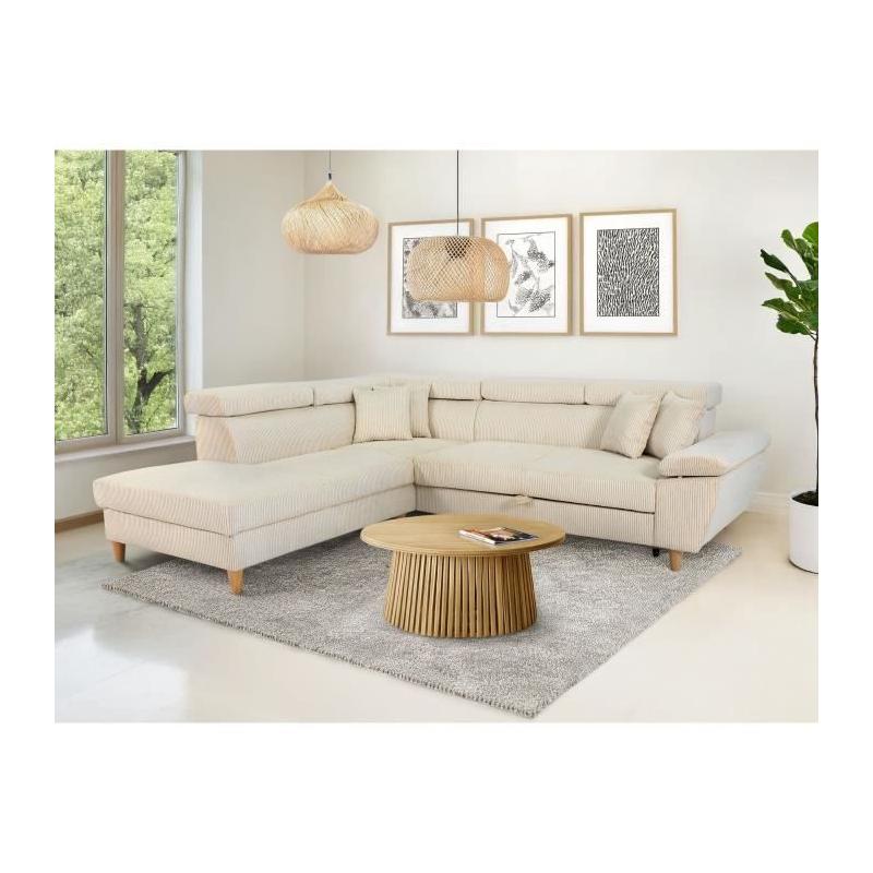 Canapé d'angle convertible 4 places WESTON en velours côtelé beige