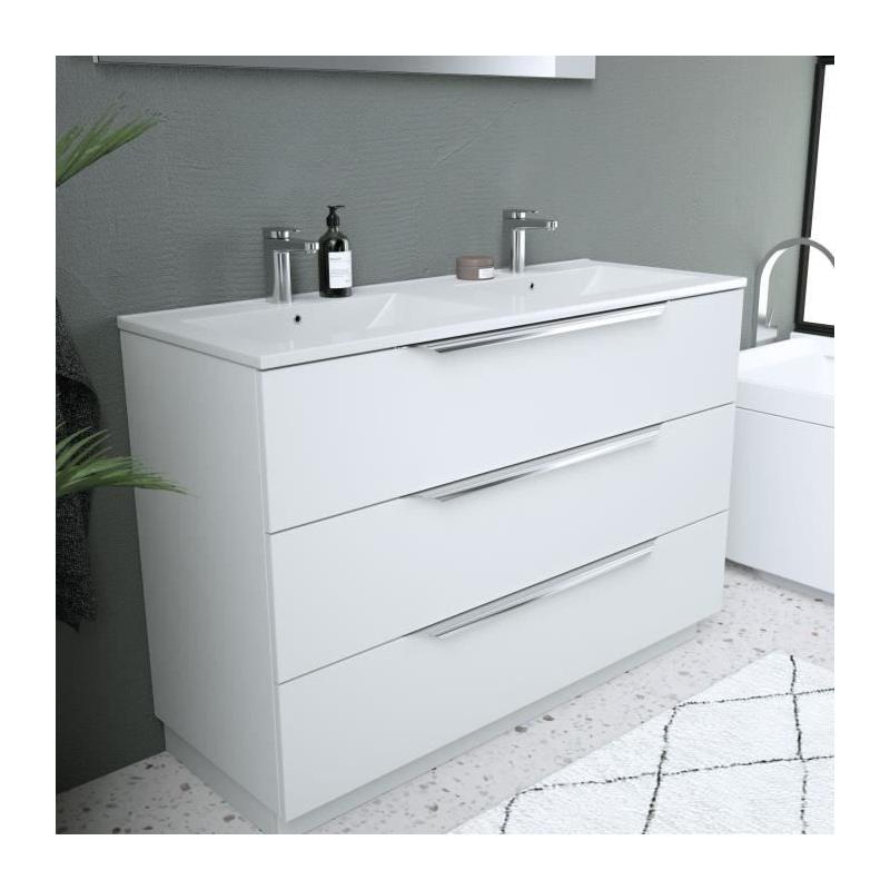 Ensemble SDB 120cm Blanc - Vasque + 3 tiroirs + miroir