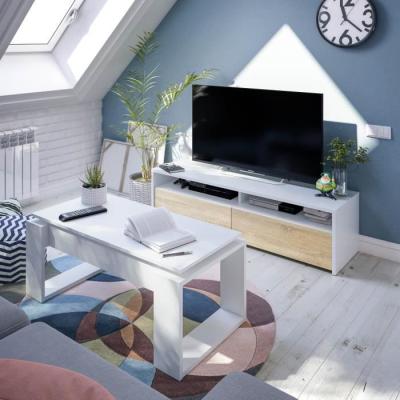 Meuble TV KIOTO - Blanc/Chêne - 2 portes - 130cm