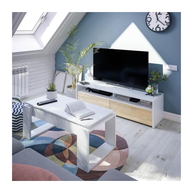 Meuble TV KIOTO - Blanc/Chêne - 2 portes - 130cm