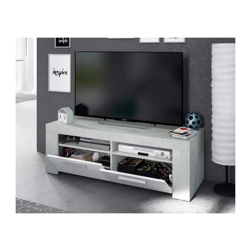 Meuble TV AMBIT: Design béton/blanc, 2 portes - 2 niches