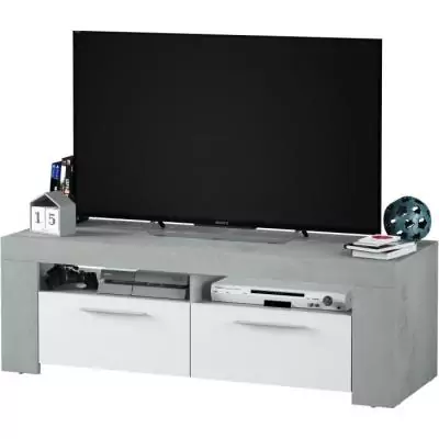 Meuble TV AMBIT: Design béton/blanc, 2 portes - 2 niches