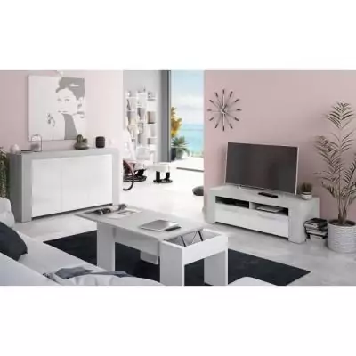 Meuble TV AMBIT: Design béton/blanc, 2 portes - 2 niches