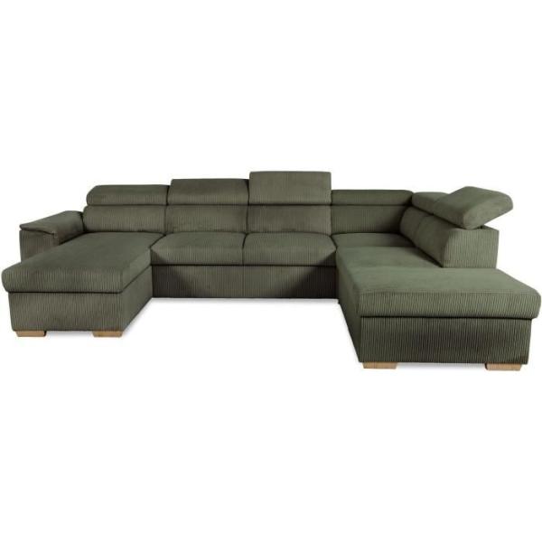 Canapé d'angle convertible panoramique 5 a 6 places DAYTONA - Tissu Lincoln kaki - Avec coffre - L 326 x H 94 x P 216 cm