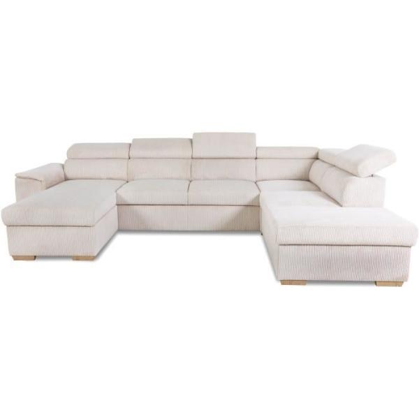 Canapé d'angle convertible panoramique 5 a 6 places DAYTONA - Tissu Lincoln pearl - Avec coffre - L 326 x H 94 x P 216 cm