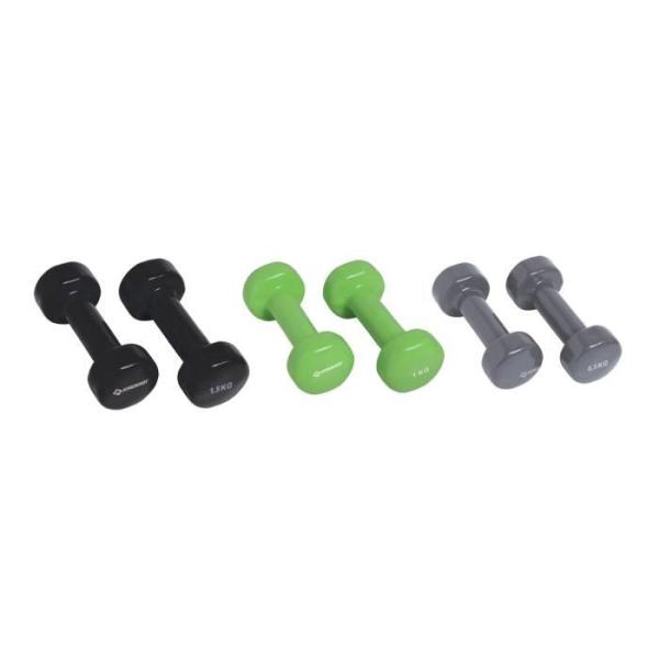 Set d'halteres - SCHILDKROT - 2 x 0,5kg anthracite - 2 x 1,0kg vert citron - 2 x 1,5kg noir - fonte + vinyle - Valise avec poig
