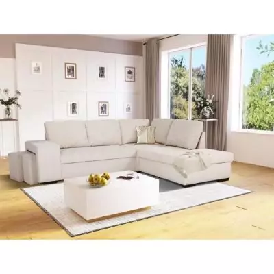 Canapé d'angle convertible réversible - MITCHELL - Tissu velours côtelé Pearl - Coffre, Poufs Canapé d'angle convertible réversible - MITCHELL - Tissu velours côtelé Pearl - Coffre, Poufs