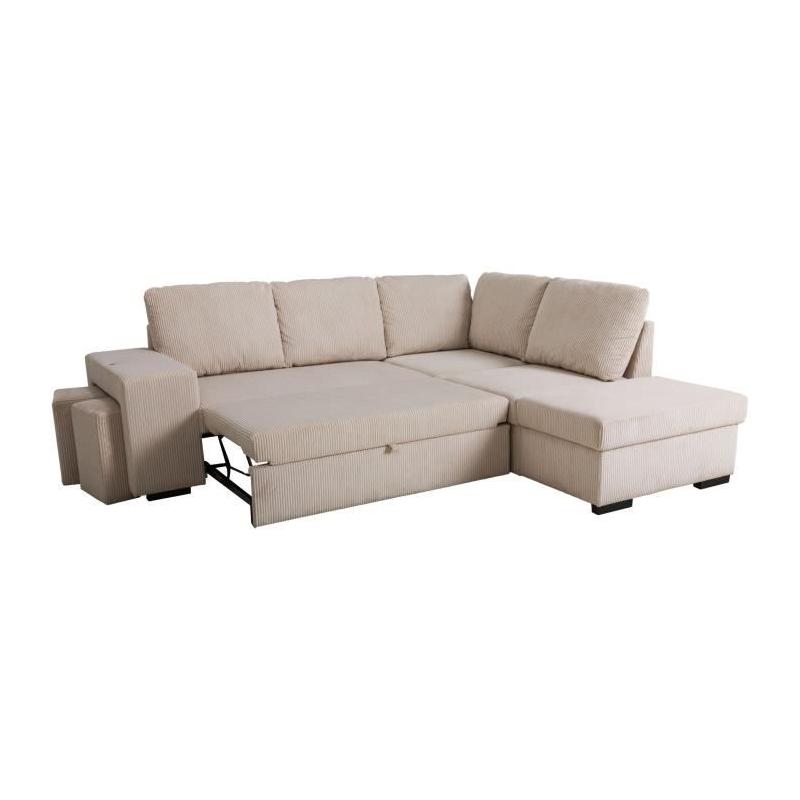 Canapé d'angle convertible réversible - MITCHELL - Tissu velours côtelé Pearl - Coffre, Poufs