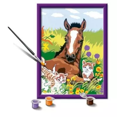Kit de peinture par numéros pour enfants: Cheval et chatons, 18x24cm Kit de peinture par numéros pour enfants: Cheval et chatons, 18x24cm