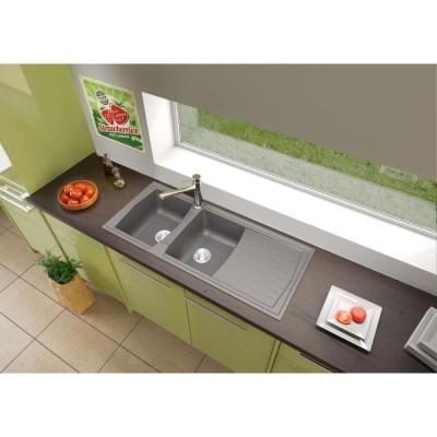 Evier cuisine en résine 2 bacs + égouttoir - Gris béton - 116 x 50 cm