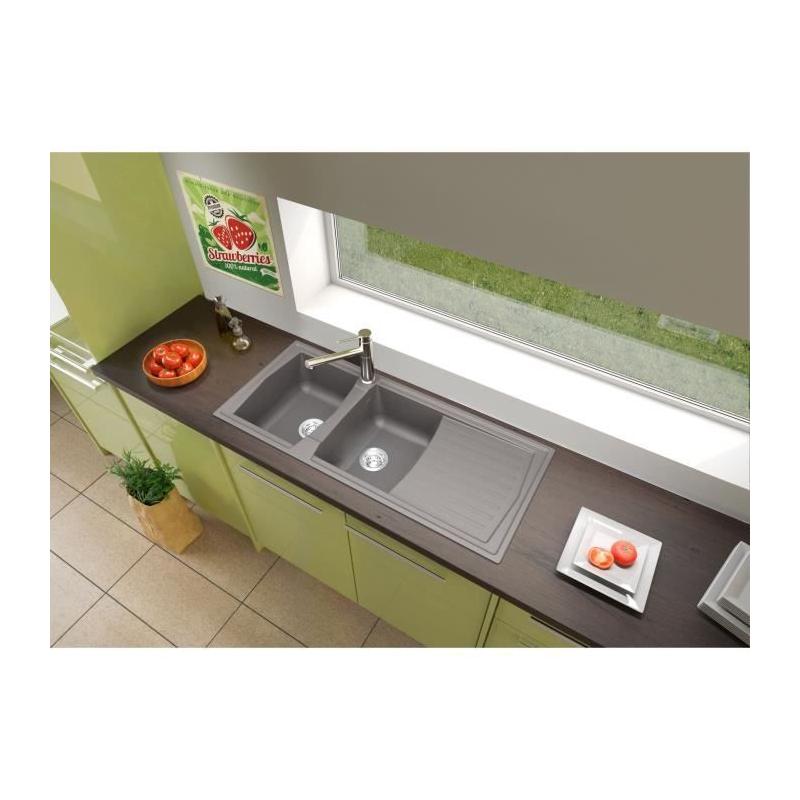 Evier cuisine en résine 2 bacs + égouttoir - Gris béton - 116 x 50 cm