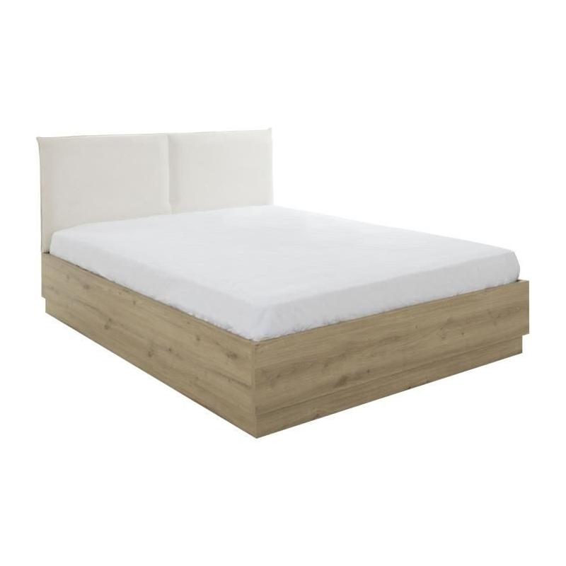 Lit coffre moderne avec tête de lit textile - TIDY 140x190cm - Chêne/Ecru