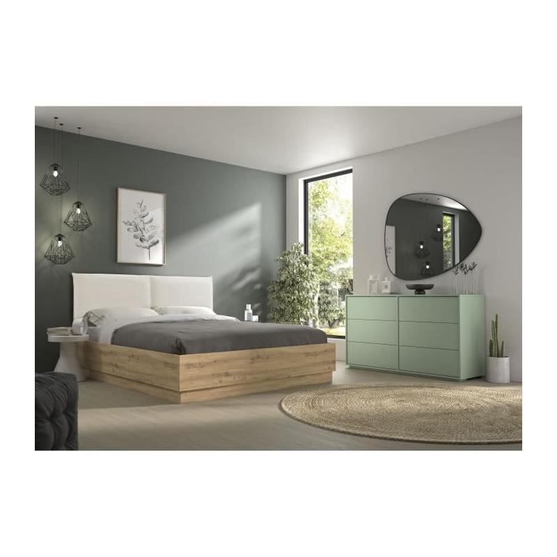 Lit coffre moderne avec tête de lit textile - TIDY 140x190cm - Chêne/Ecru