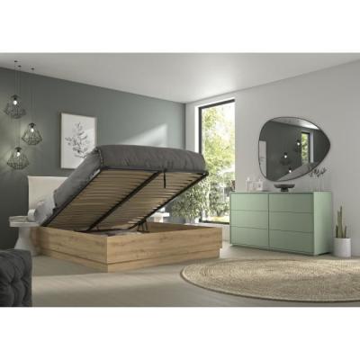 Lit coffre moderne avec tête de lit textile - TIDY 140x190cm - Chêne/Ecru