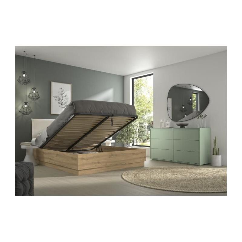 Lit coffre moderne avec tête de lit textile - TIDY 140x190cm - Chêne/Ecru