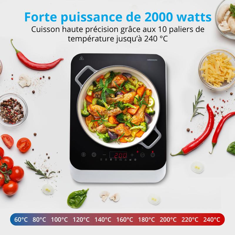 MEDION MD 18490 - Plaque à induction - 2000 W - 10 niveaux de température - 8 programmes automatiques - Noir