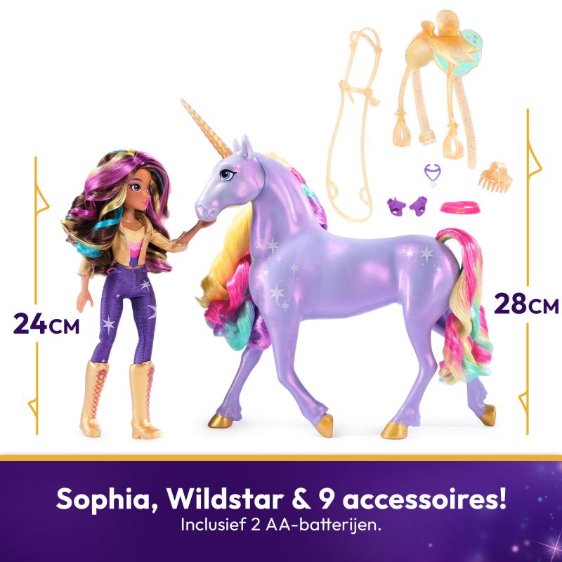 Unicorn Academy - L'Ecole des Licornes - Licorne Interactive Wildstar 28 Cm + Poupée Sophia 24 Cm - Avec Sons & Lumières -
