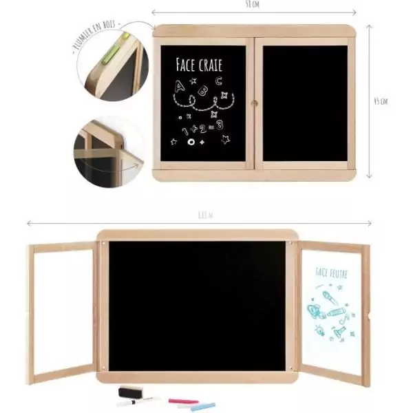 Tableau mural triptyque - JEUJURA - Ardoise craie, 2 volets face blanche et craie