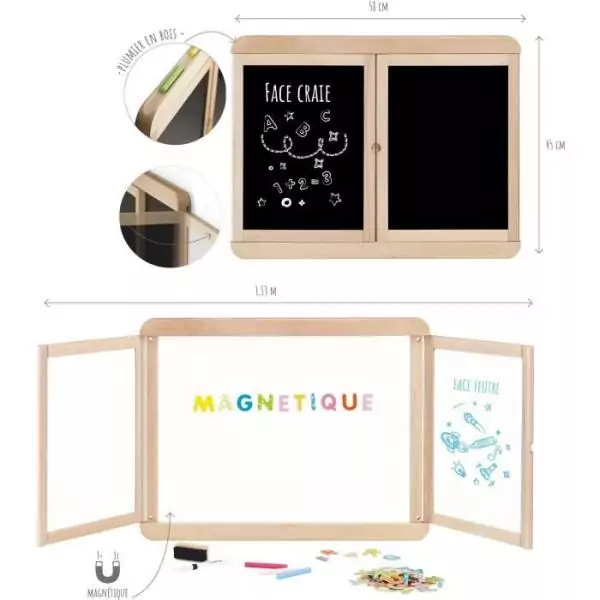 Tableau mural triptyque magnétique - JEUJURA - Ardoise centrale magnétique, 2 volets face blanche et crai