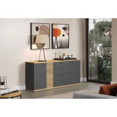 Buffet contemporain 3 portes 3 tiroirs chêne blond/gris anthracite