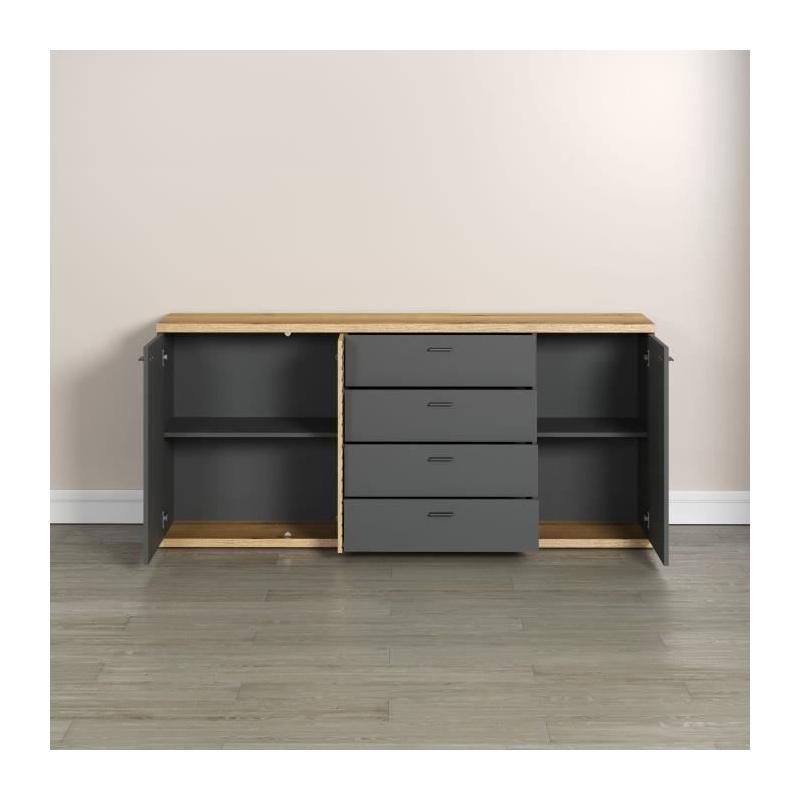 Buffet contemporain 3 portes 3 tiroirs chêne blond/gris anthracite