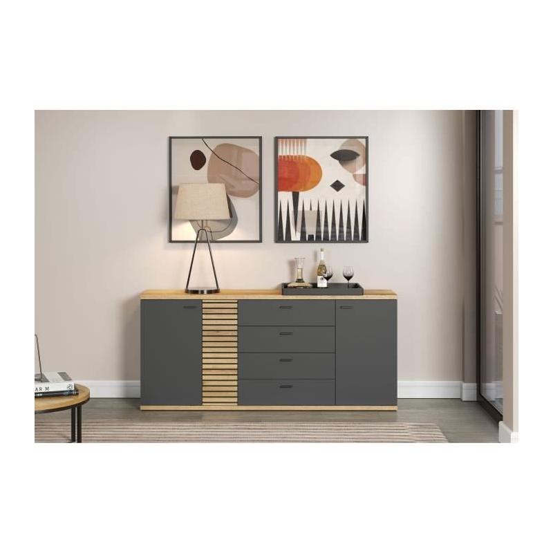 Buffet contemporain 3 portes 3 tiroirs chêne blond/gris anthracite