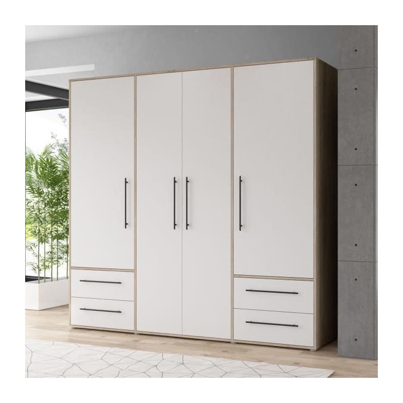 Armoire de chambre MOKKARIS - Chene Sonoma / Blanc mat - 4 portes
