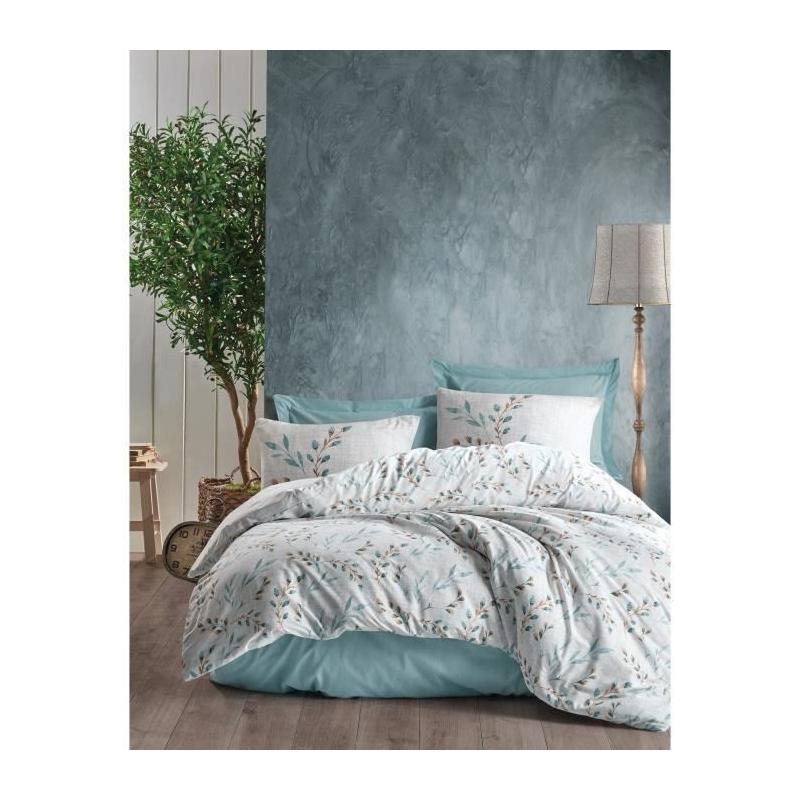 Parure de lit - 1 housse de couette 220 x 240 cm + 2 taies d'oreiller 60 x 60 cm - 100% coton renforcé - Menthe