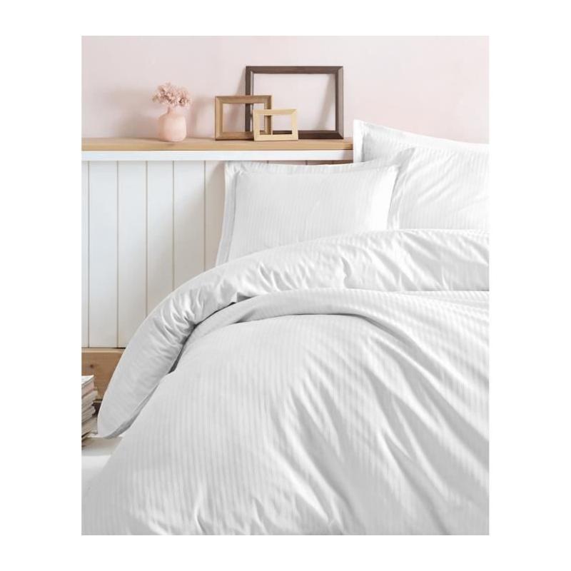 Parure de lit satinée 100% coton blanc - 1 housse de couette + 2 taies d'oreiller