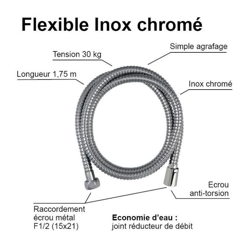 Flexible de douche anti-torsion ROUSSEAU 1m75 Inox chromé