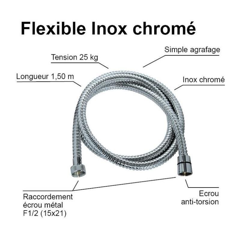 Flexible de douche - ROUSSEAU - Raccord universel - Format compact - Écrous métal - Longueur 1m50 - Inox chromé simple agrafa