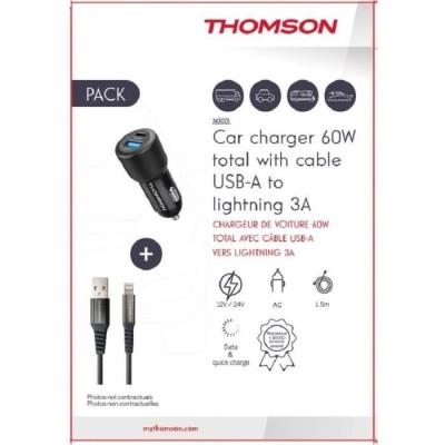 Pack chargeur + câble Thomson - Chargeur de voiture 60W + Câble USB-A vers L 3A